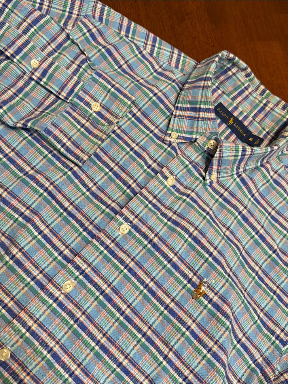 Ralph Lauren Mens XL Blue Plaid Button Down Shirt Cotton Long Sleeve Flesh Pony